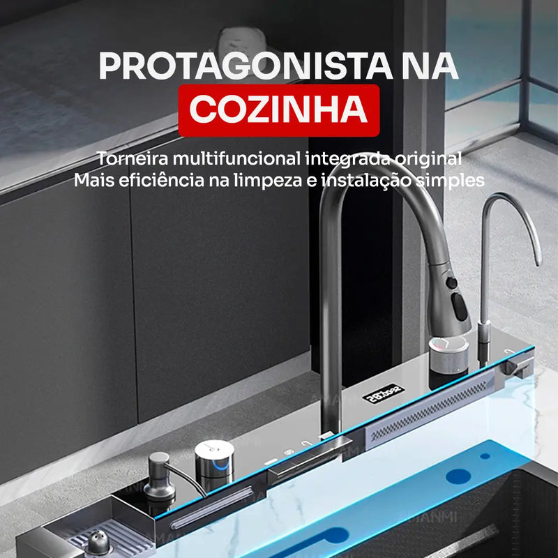 Pia Aço Inox Multifuncional Digital Cascata + BRINDE: Escorredor de Aço Inox Premium